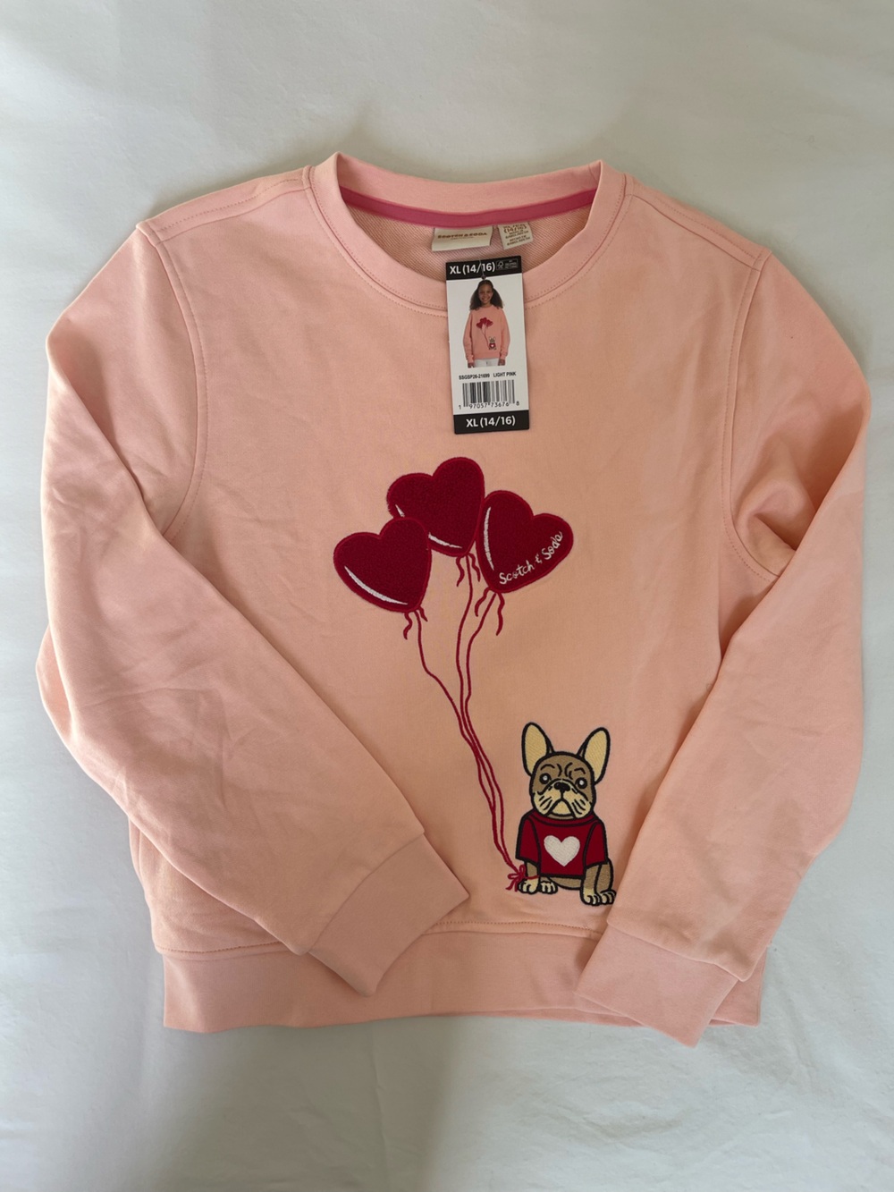 Scotch & Soda Girls Light Pink French Bulldog Heart Sweatshirt XL 14/16 SSGSP26